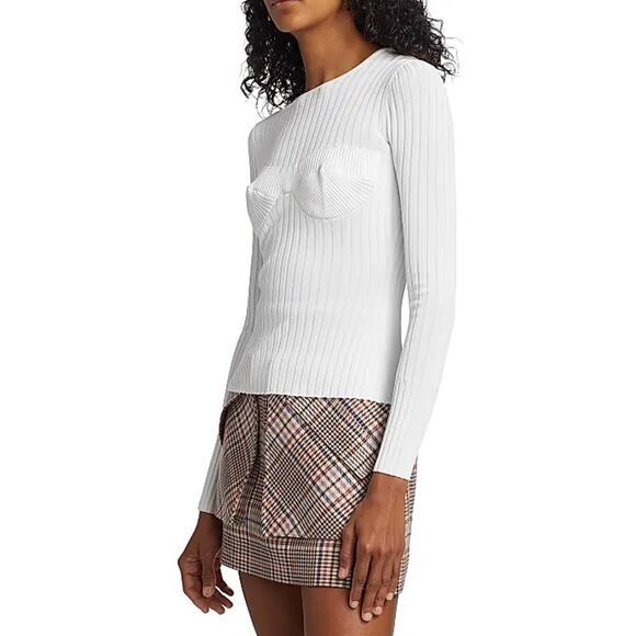 AKNVAS Faye Knit Top Crew Neck Corset Stitch Bustier Ribbed Long Sleeve, White - Picture 3 of 16